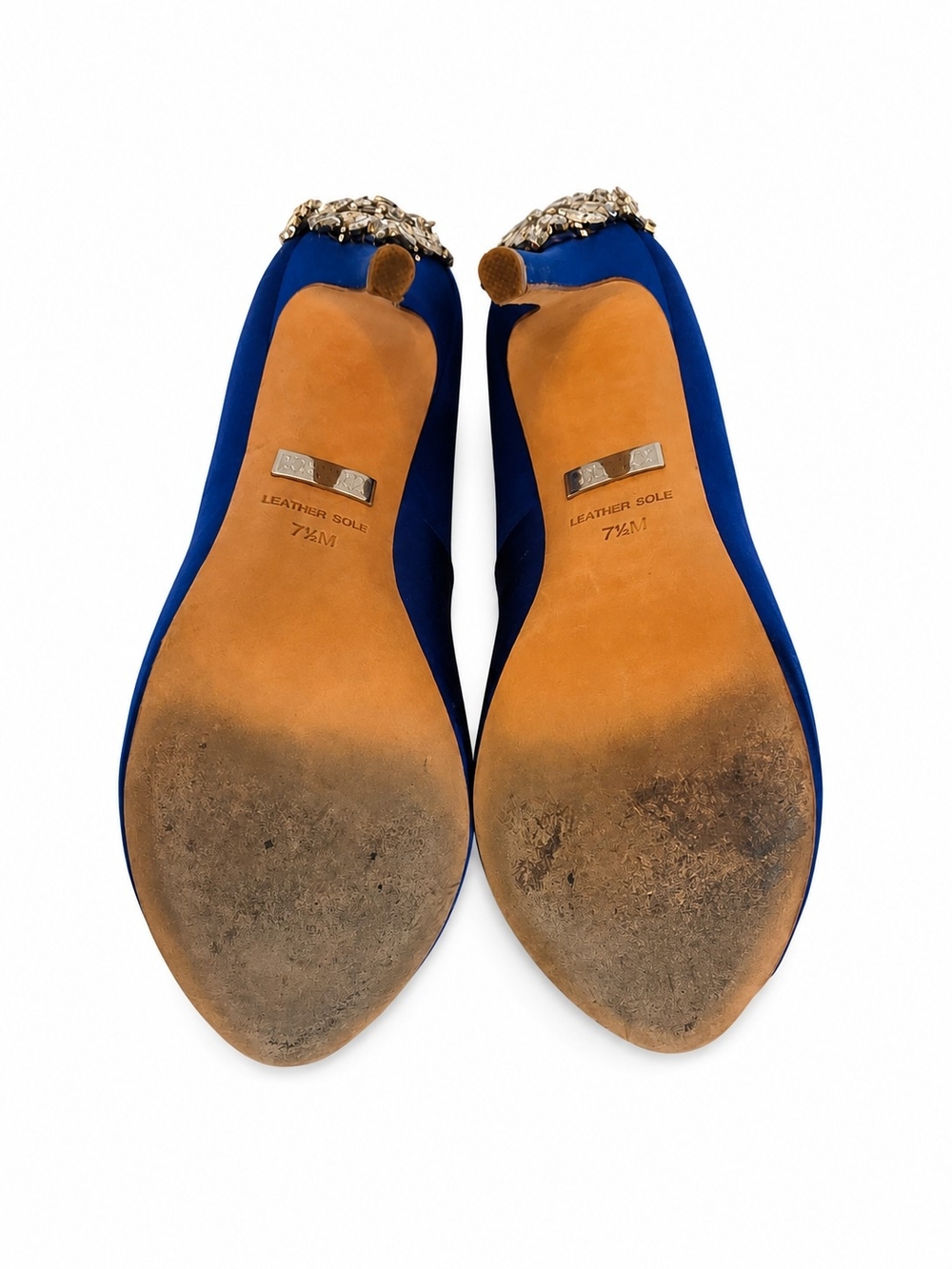 Badgley Mischka Royal Blue Satin Peep-Toe Stilettos with Crystal Heel Detail - Picture 4 of 4